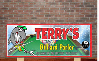 Custom billiard parlor sign with pool shark and 8 ball decor