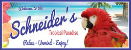 Custom Red Parrot Beach Sign: Tropical Vibes with Hibiscus Flowers