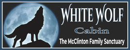Personalized silhouette sign depicting a wolf howling at the moon against a night sky backdrop