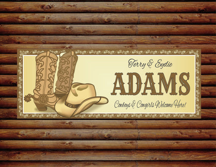 Image of a Classic Gold Western Personalized Sign featuring Cowboy Boots & Hat