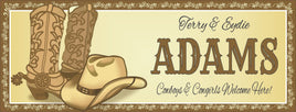 Image of a Classic Gold Western Personalized Sign featuring Cowboy Boots & Hat