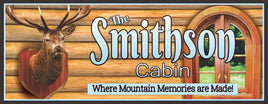 Image of a Custom Hunting Cabin Sign with Mounted Deer Head & Log Wall Décor
