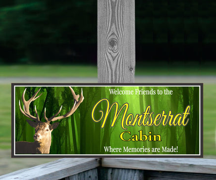 Custom Stag Head Cabin Welcome Sign with Green Forest Background