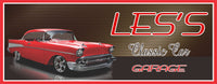 Image of a personalized garage sign featuring a custom 1957 Red Chevy Bel Air design, adorned with vintage font for decorative appeal.