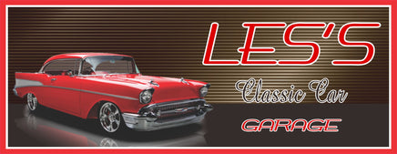 Image of a personalized garage sign featuring a custom 1957 Red Chevy Bel Air design, adorned with vintage font for decorative appeal.