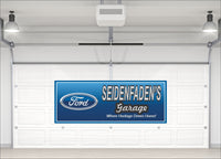 Image of a custom Ford logo sign with dark blue border, personalized for garage décor and automotive enthusiasts.