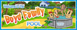 Personalized Swimming Pool Sign Featuring Cartoon Family Having Fun with Custom Name and Blue Bubble Border