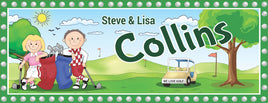Personalized sign featuring a happy couple in golf attire, leaning against their golf bags next to a golf cart, with customizable text areas for names and messages. The setting is outdoors, possibly on a golf course, emphasizing a casual and sporty theme.