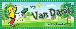Personalized golf sign featuring a cartoon golfer in a yellow hat and red pants, swinging a golf club and sending a golf ball flying into a blue sky. The scene includes a clump of green grass and a tee, with customizable text displaying your family name. Perfect for adding a humorous touch to any golfer's space