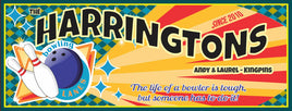 Personalized retro bowling sign featuring a classic black bowling ball and ten-pins set against a background of bowling lane-inspired patterns with red and yellow stripes and green and blue diamonds. The family name and the quote 'The life of a bowler is tough, but someone has to do it!' are prominently displayed, ideal for adding a vintage sports theme to any living space or business