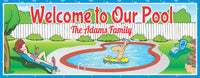  A colorful outdoor sign depicting a cartoon couple at their swimming pool. The woman is lounging with a cocktail on a pool chair, while the man floats nearby on a yellow raft. The sign includes customizable text areas, ideal for welcoming guests to a home pool.