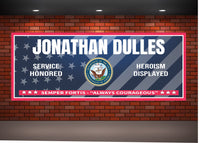Custom U.S. Military sign featuring an American flag backdrop, with personalized white text and an authentic military branch seal. Available options for branch customization and additional personal text are included.