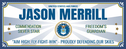  Custom U.S. Air Force commemorative sign featuring personalized name, with the Air Force motto and an optional special commendation like the Silver Star, designed for wall display in homes or offices.
