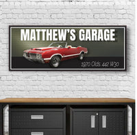 Customized sign for a red 1970 Oldsmobile 442 Convertible, featuring personalized text options. Ideal for car enthusiasts to display in garages or themed spaces.