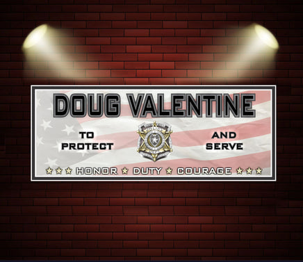  Personalized police sign featuring an American flag background with a realistic police badge in the center, surrounded by gold stars. The sign includes customizable text options for a family name, "Honor Duty Courage," and "To Protect and Serve," ideal for honoring law enforcement officers.