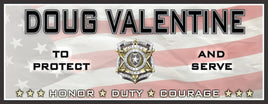  Personalized police sign featuring an American flag background with a realistic police badge in the center, surrounded by gold stars. The sign includes customizable text options for a family name, "Honor Duty Courage," and "To Protect and Serve," ideal for honoring law enforcement officers.