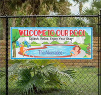 Customizable "Welcome to Our Pool" sign featuring an illustrated relaxing couple and a beautiful backyard scene, with options to edit text and hair color for a personalized touch.