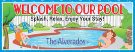 Customizable "Welcome to Our Pool" sign featuring an illustrated relaxing couple and a beautiful backyard scene, with options to edit text and hair color for a personalized touch.