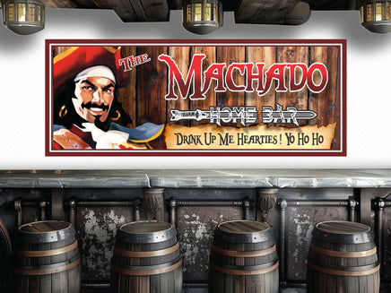 Custom Captain Morgan pirate-themed bar sign featuring a pirate sword design with the tagline 'Drink Up Me Hearties' in customizable text.