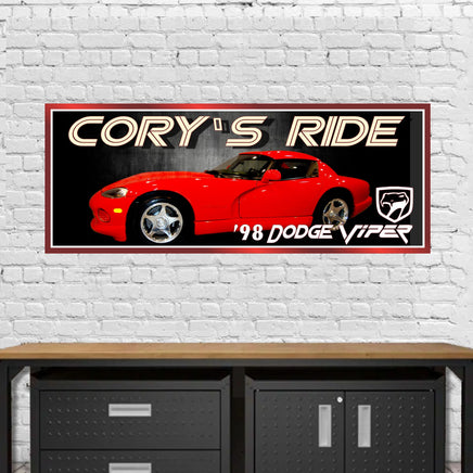 Personalized garage sign featuring a red 1998 Dodge Viper with customizable text options.