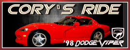 Personalized garage sign featuring a red 1998 Dodge Viper with customizable text options.