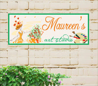 Personalized classic art studio sign featuring a paint palette, flowers, and a sketch of a woman, with customizable text options.