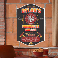 Customizable Firehouse Saloon Sign featuring a prominent Fire Rescue Emblem and crossed fire axes. Each line of text is editable to personalize with names or messages, perfect for home or fire station decor.