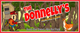  A rustic hunting-themed wall decor featuring a cartoon-style hunter in a tree stand and a deer emerging from a dense forest. The sign includes customizable text with a family name in bold red and "Hunting Lodge" in a playful matching font, ideal for a home, RV, or cabin decoration. Perfect as a gift for hunting enthusiasts.
