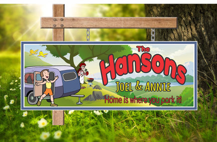 Personalized RV sign featuring a cartoon-style design with the phrase "Home Is Where You Park It" and "It's a Great Day." The sign includes editable text options for customization, making it ideal for RVers to display in their mobile homes.