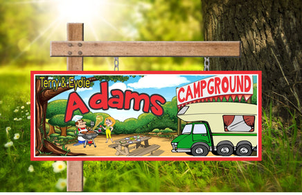 Customized RV Campground Sign depicting a couple cooking at their campsite, highlighting the relaxed and friendly RV lifestyle. This personalized sign includes editable text for family names or messages, serving as a unique identifier and conversation starter at any campsite. Ideal for RVers seeking to enhance their camping spot with a touch of personal flair.