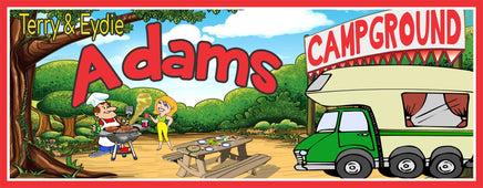 Customized RV Campground Sign depicting a couple cooking at their campsite, highlighting the relaxed and friendly RV lifestyle. This personalized sign includes editable text for family names or messages, serving as a unique identifier and conversation starter at any campsite. Ideal for RVers seeking to enhance their camping spot with a touch of personal flair.