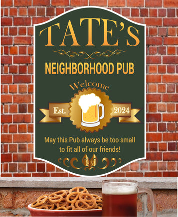 Enhance your bar with our Neighborhood Pub Personalized Bar Sign. Featuring a classic beer mug design on a rich green and gold background, this sign creates a warm, inviting atmosphere. Customize every line of text to make it your own. Ideal for home bars or as a gift for beer lovers