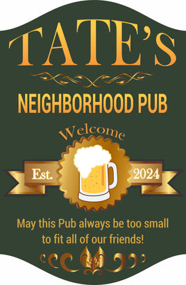 Enhance your bar with our Neighborhood Pub Personalized Bar Sign. Featuring a classic beer mug design on a rich green and gold background, this sign creates a warm, inviting atmosphere. Customize every line of text to make it your own. Ideal for home bars or as a gift for beer lovers