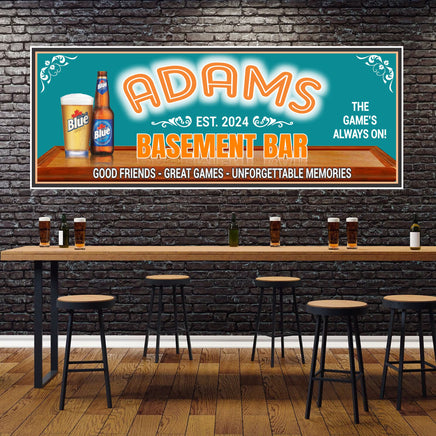 Customizable bar sign featuring a beer mug and team colors, ideal for personalizing your sports bar decor.