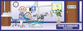 Personalized cartoon dentist sign with customizable hair color and editable text, depicting a dentist treating a patient.