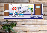 Personalized cartoon dentist sign with customizable hair color and editable text, depicting a dentist treating a patient.