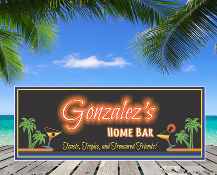 Personalized bar sign with faux neon glow, featuring palm trees and cocktails, designed to look like a neon light without actual illumination.