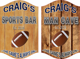 Custom Man Cave Sports Bar sign featuring a wood plank background, available in light or dark options, with editable established date.