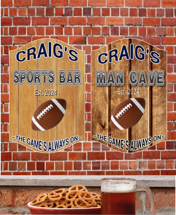 Custom Man Cave Sports Bar sign featuring a wood plank background, available in light or dark options, with editable established date.