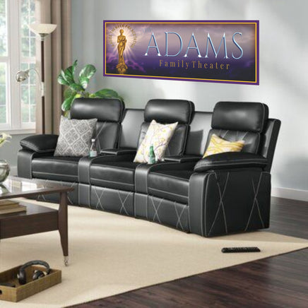 Personalized home theater sign featuring a gold Oscar statuette with drama masks, set against a purple clouded background and retro text.