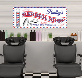 Custom Barbershop Sign with Red, White & Blue Border and Grooming Tools