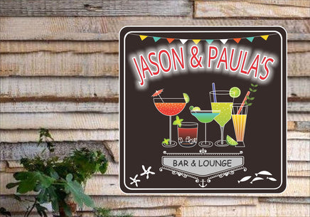 Custom bar sign featuring stylized cocktails and a colorful nautical banner with starfish, fish, and anchor accents, enhanced by a glow effect.