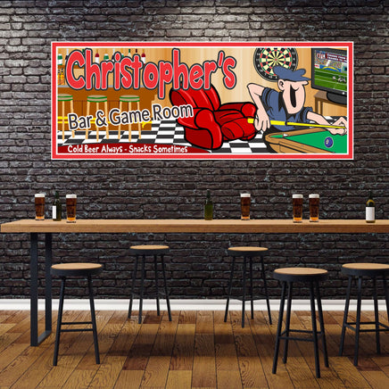Personalized Bar & Game Room Sign featuring a pool table, dart board, bar stools, and checkered floor, with cartoon pool player and customizable text.