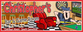 Personalized Bar & Game Room Sign featuring a pool table, dart board, bar stools, and checkered floor, with cartoon pool player and customizable text.