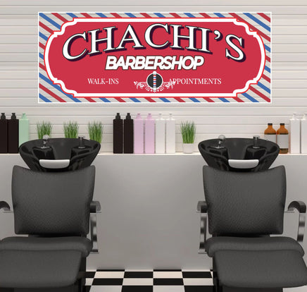 Personalized barbershop sign featuring a barber pole and a red, white, and blue striped background, with customizable text.