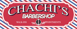 Personalized barbershop sign featuring a barber pole and a red, white, and blue striped background, with customizable text.
