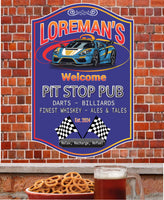 Personalized bar sign featuring a race car, checkered flags, and a vibrant blue background with customizable text areas for a Pit Stop Pub theme.