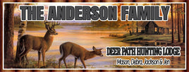 Personalized Deer Path Hunting Lodge sign featuring a log cabin, stag, and doe in a rustic setting with editable text.