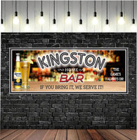 Personalized bar sign featuring 'If You Bring It We Serve It' text with a liquor shelf and bar counter background.