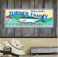 Personalized 'Fishin' Hole Welcome Sign' featuring a custom fish and bobber illustration with editable text options.